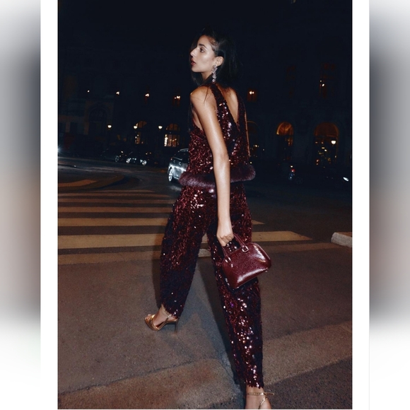 Zara Set Sequin Barrel Pants & Top With Faux Fur Hem NWT - Picture 13 of 16